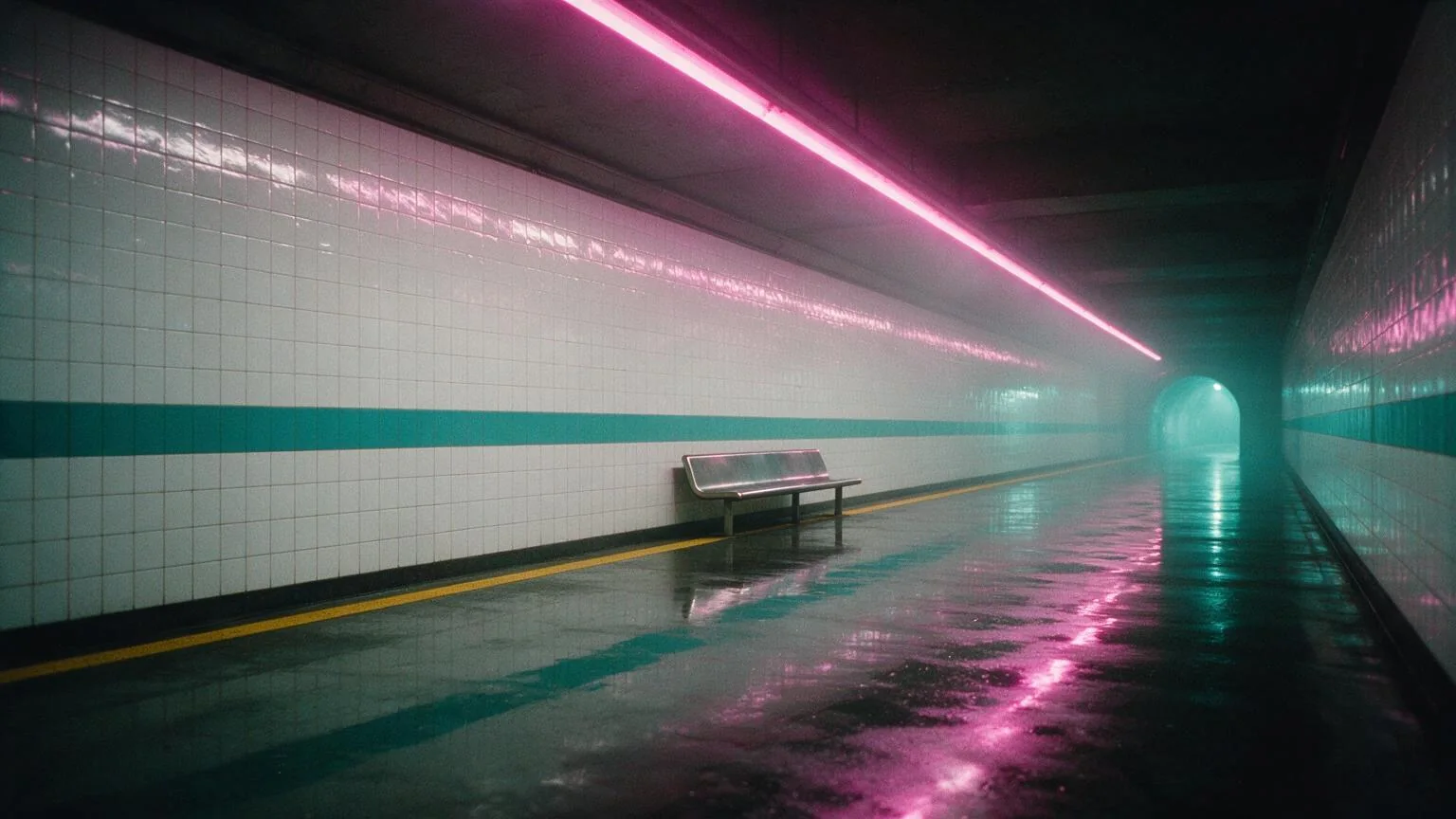 An empty underground platform: white tiles with a teal stripe, a magenta neon strip along the ceiling, a wet floor, a yellow safety line, a steel bench and a tunnel mouth glowing cyan