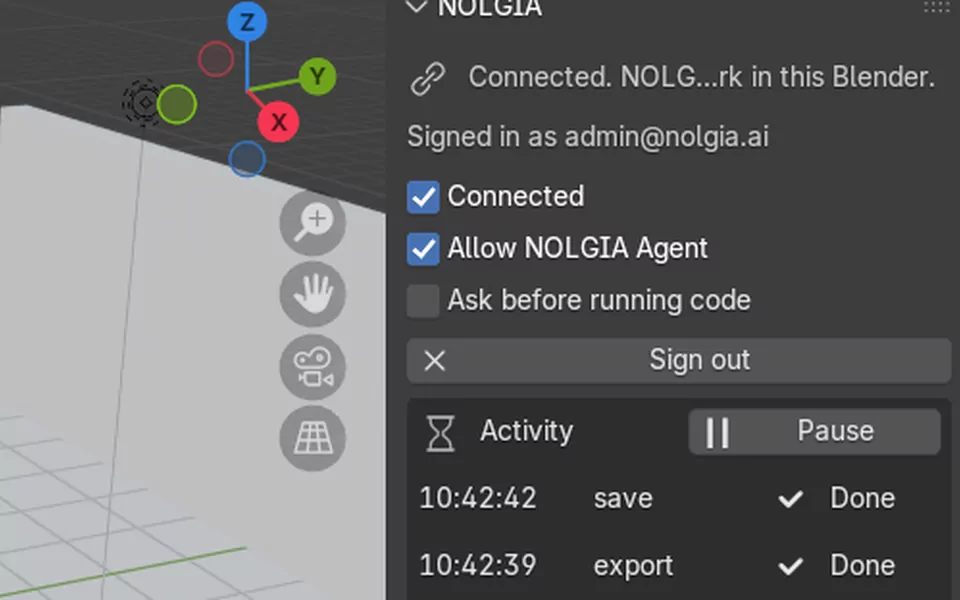 The NOLGIA tab reading Connected. NOLGIA can work in this Blender.