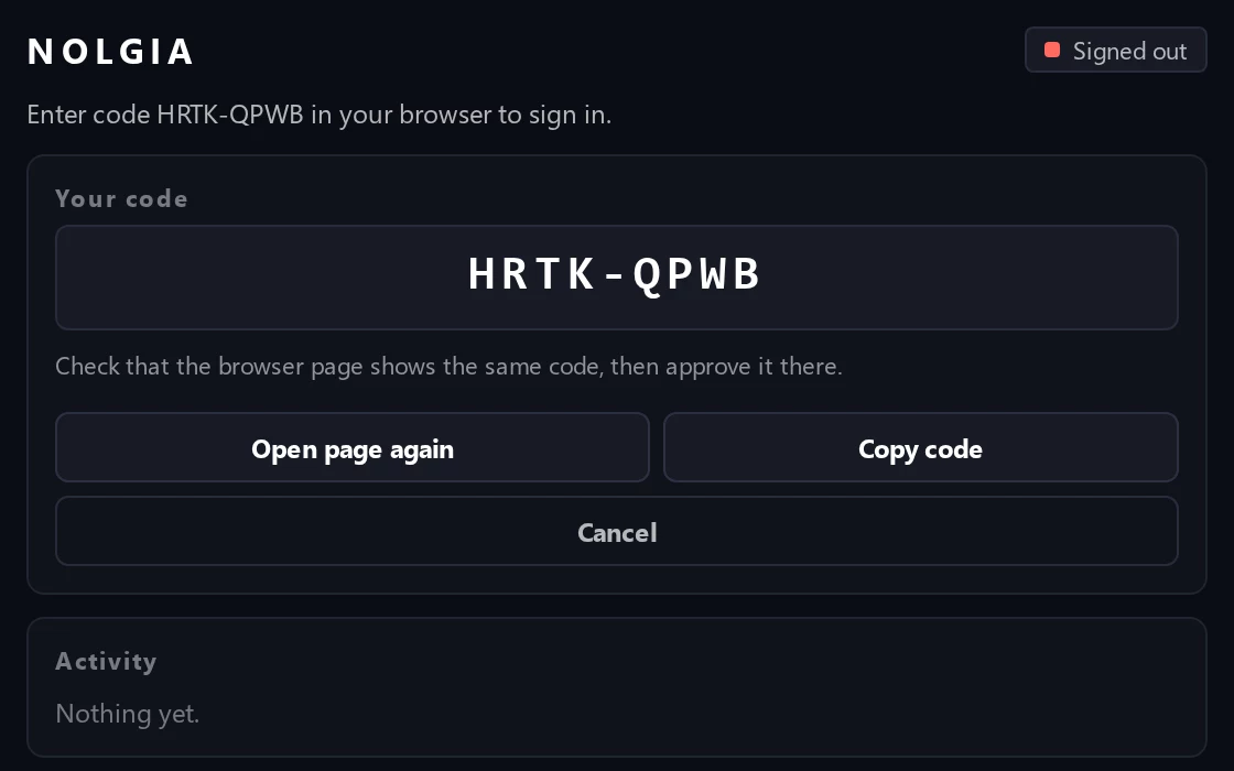 The NOLGIA panel showing Your code with the sign in code to check in the browser.