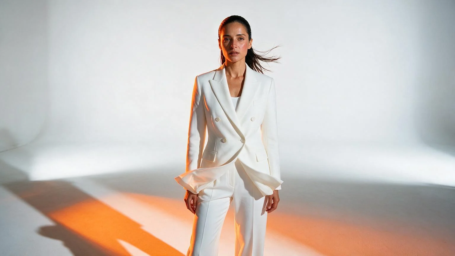 A woman with slicked-back dark hair in a tailored white double-breasted suit standing in a white studio, a hard orange light from the side throwing a long shadow across the floor