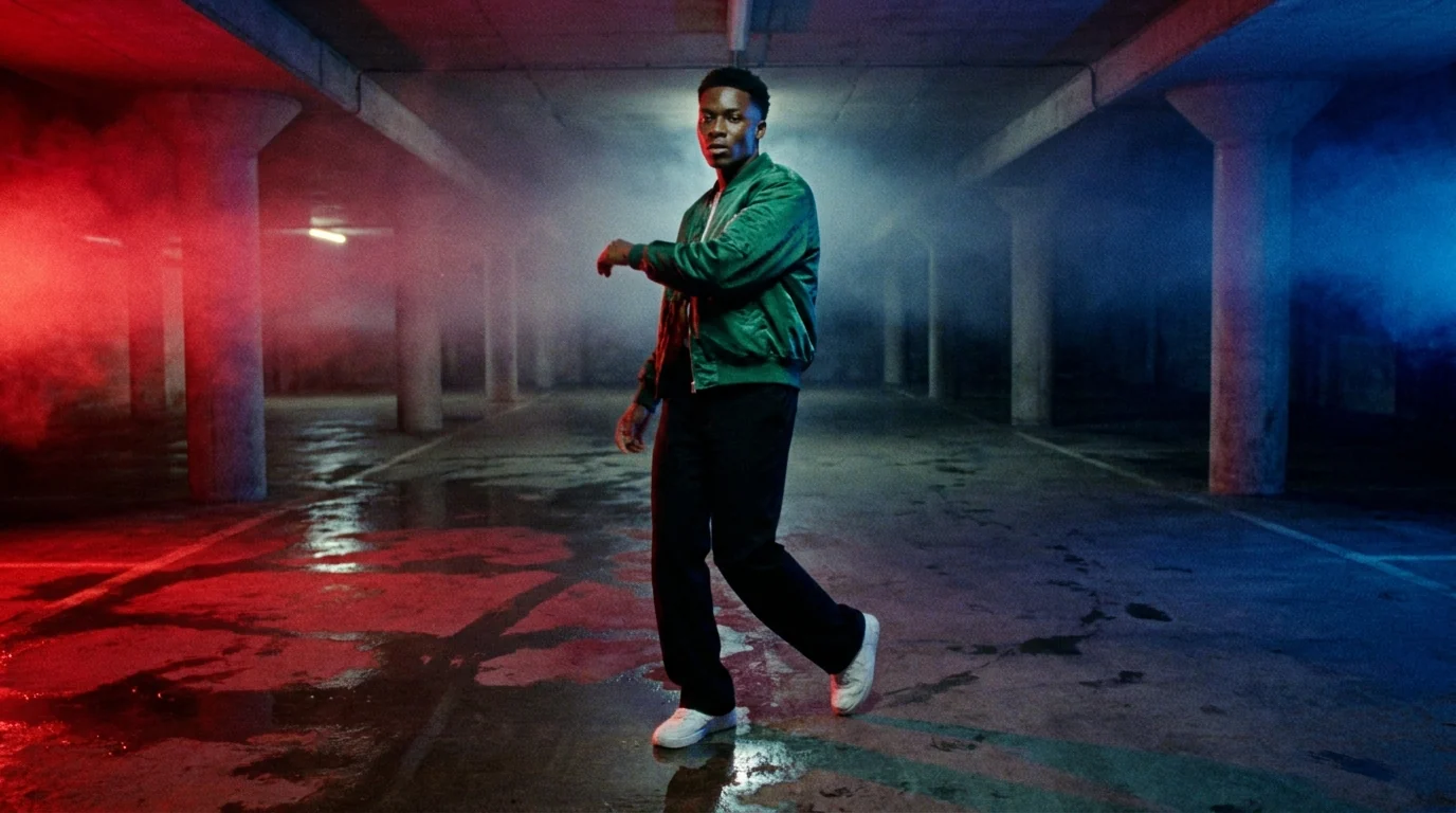 A dancer in an emerald satin bomber jacket and black wide trousers, caught mid-move in an underground car park lit red from the left and blue from the right