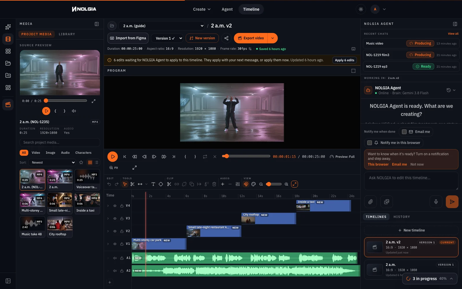 Studio on a computer: four video clips staggered across four tracks in sequence, the narration and the score on two audio tracks beneath, the dancer in the program monitor at one and a half seconds