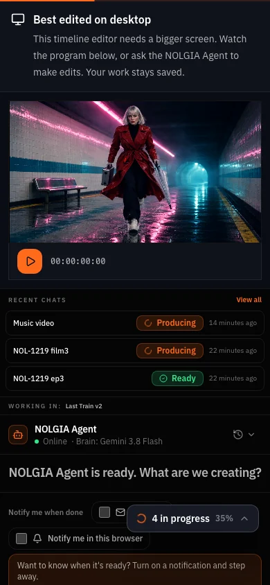 Studio on a phone: a note that the editor is best edited on a desktop, the program monitor at zero, and the NOLGIA Agent chat for edits