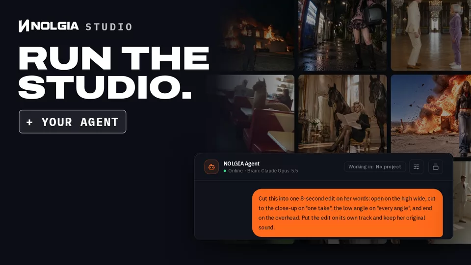 NOLGIA Studio, run the studio, plus your Agent: the NOLGIA Agent's chat with a brief for an edit sits over a wall of nine Seedance 2.5 videos made on NOLGIA, from a burning house to a llama in a diner booth and a bison grazing a suburban lawn.