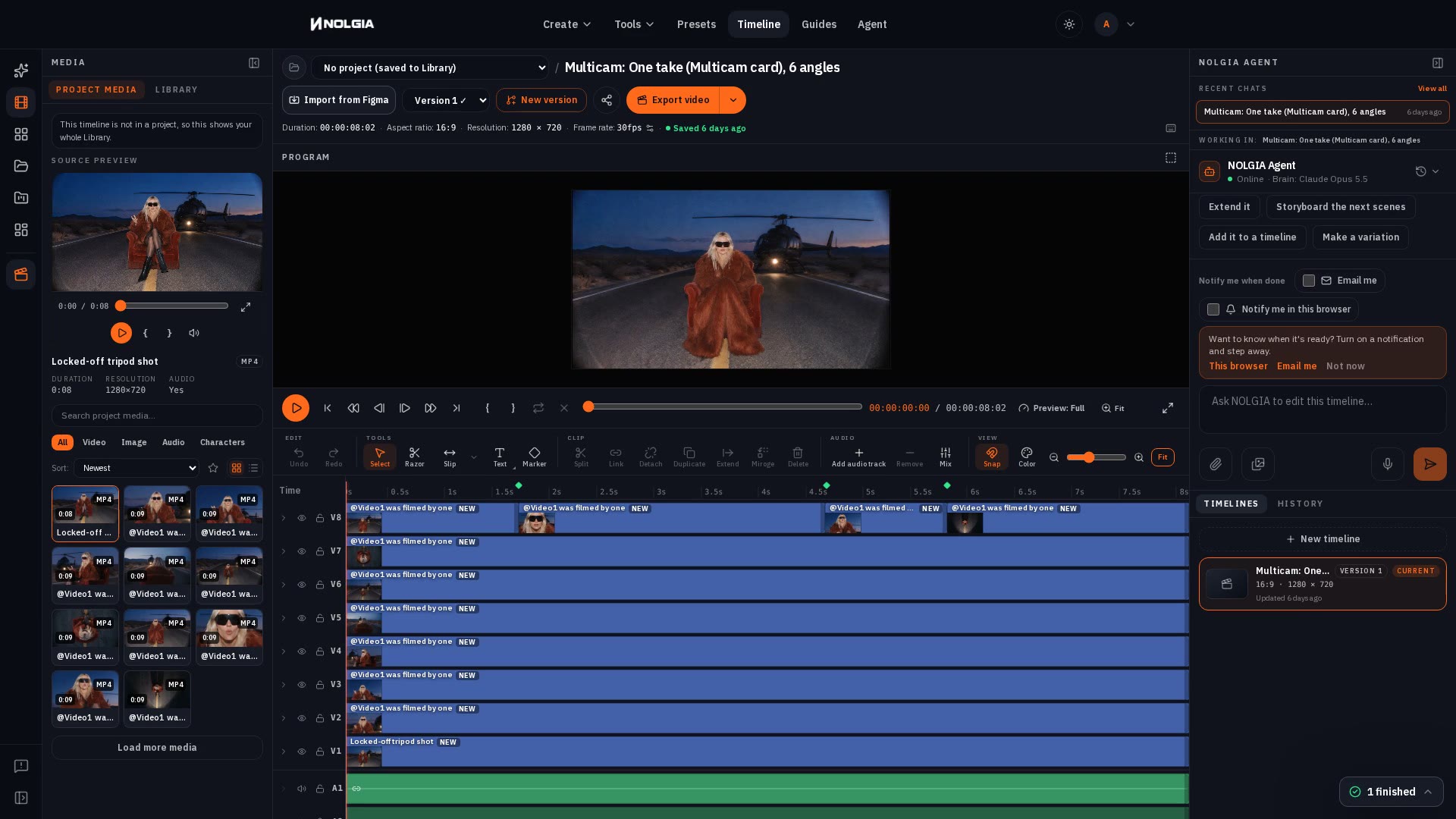The NOLGIA Agent producing a clip, then handing off into the Studio timeline editor where multiple clips are assembled into one multitrack cut.