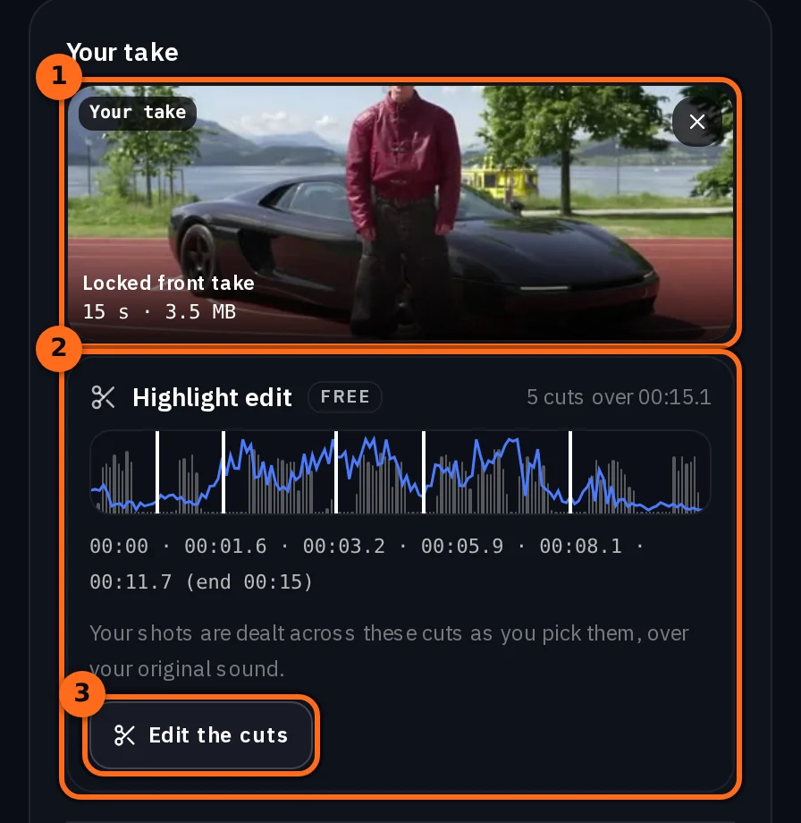 The Your take tile with our locked front take of him beside the black car, 15 s and 3.5 MB, and under it the Highlight edit card with the take's sound, five cuts and their times