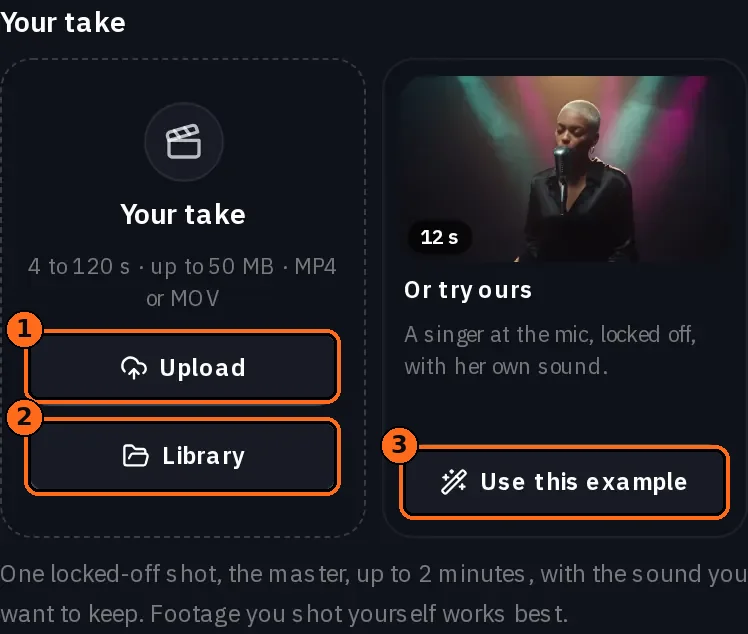 The empty Your take tile with its limits, 4 to 120 seconds, up to 50 MB, MP4 or MOV, the Upload and Library buttons, and Or try ours with a Use this example button
