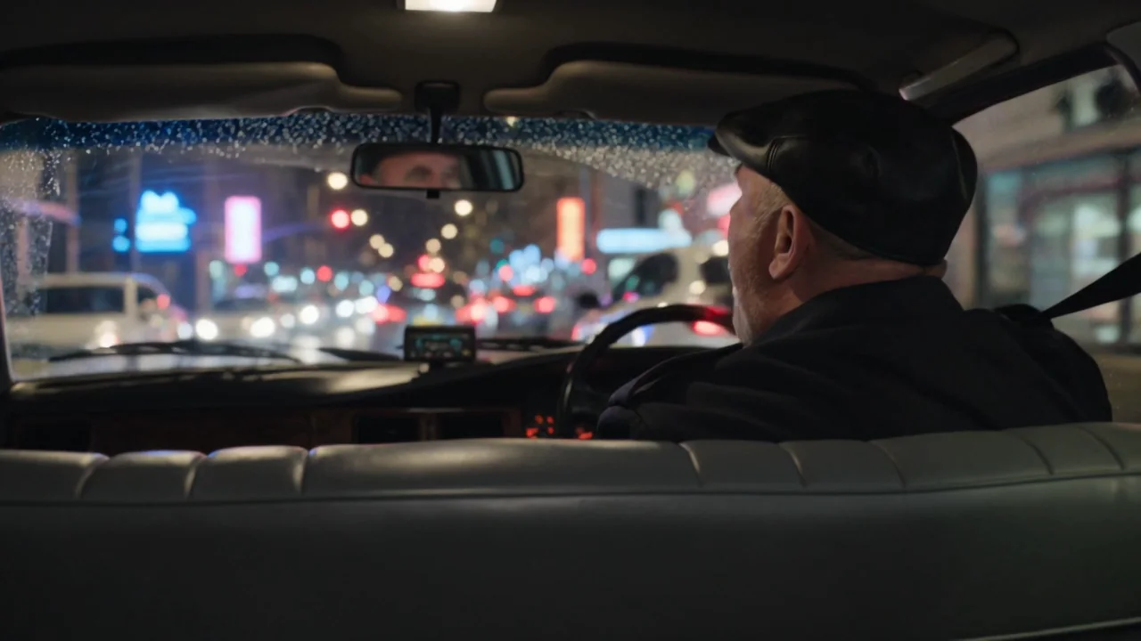 A taxi driver in a flat cap sings and taps the wheel, seen from the back seat, rain and neon on the windscreen