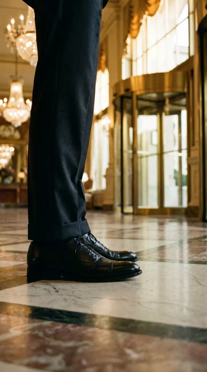 A hotel lobby with a marble floor and a brass revolving door: the camera tips up from a man's polished black shoes, past his navy suit, to his face as he straightens his tie