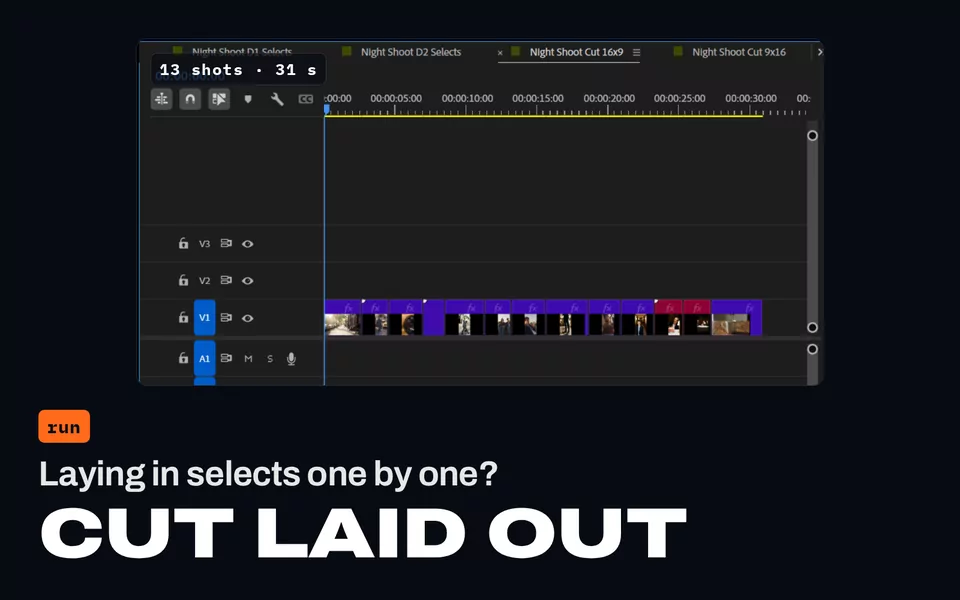 Laying in selects one by one? Cut laid out: a screen recording of Premiere Pro's timeline as the agent lays shots onto a new sequence one at a time, ending on the whole cut, 13 shots and 31 seconds.