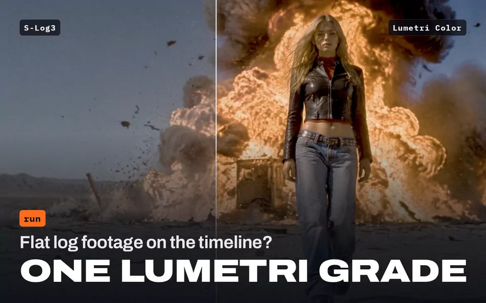 Flat log footage on the timeline? One Lumetri grade: a desert shot split down the frame, flat S-Log3 on the left and the same frame with the agent's Lumetri Color grade on the right.