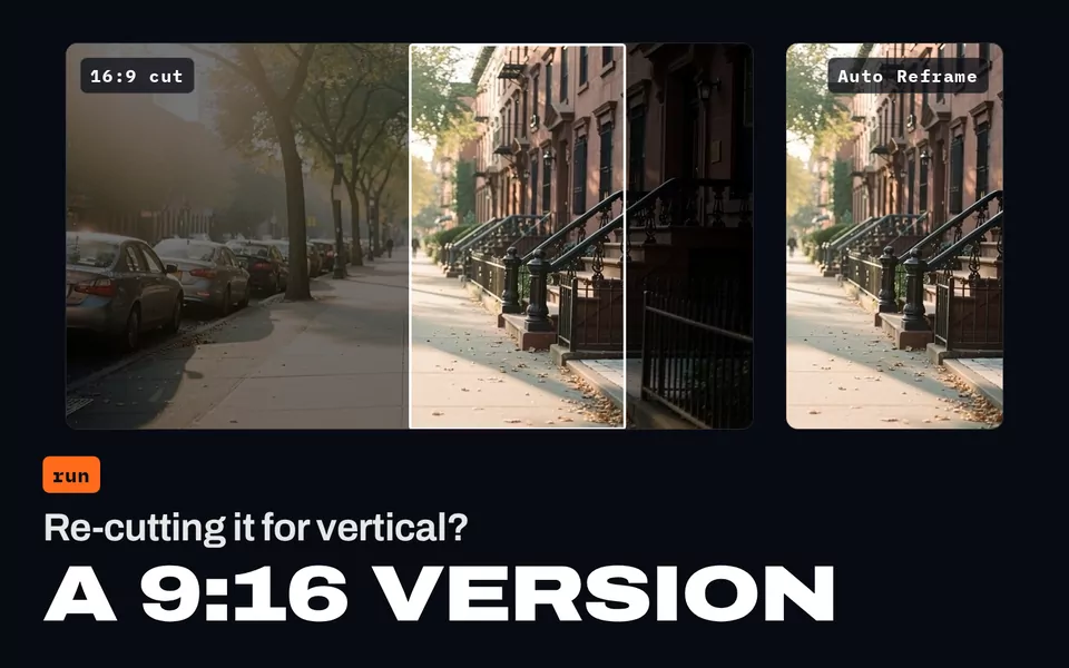 Re-cutting it for vertical? A 9:16 version: a frame of the 16:9 cut with the part Premiere Pro's Auto Reframe kept outlined, beside the same frame in the 9:16 copy.