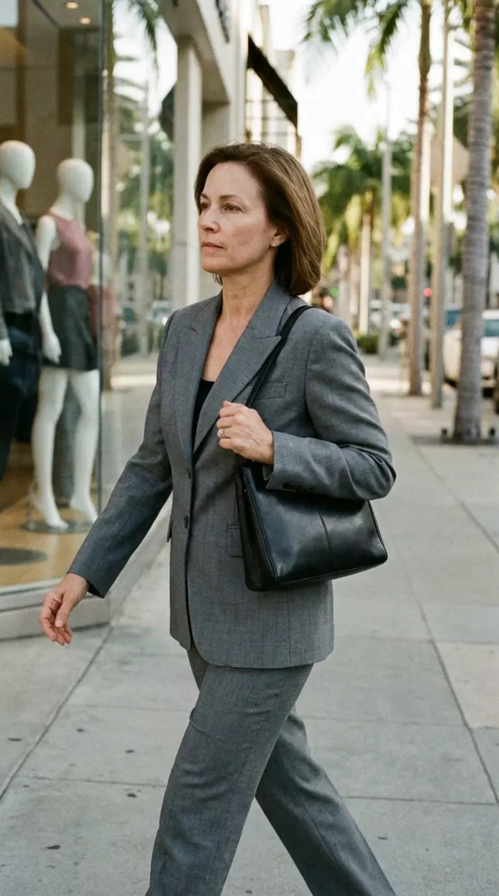 A woman in a grey suit with a black handbag walks along a sunny shopping street: the camera moves sideways beside her at her pace while the shop windows and palm trees slide past behind her