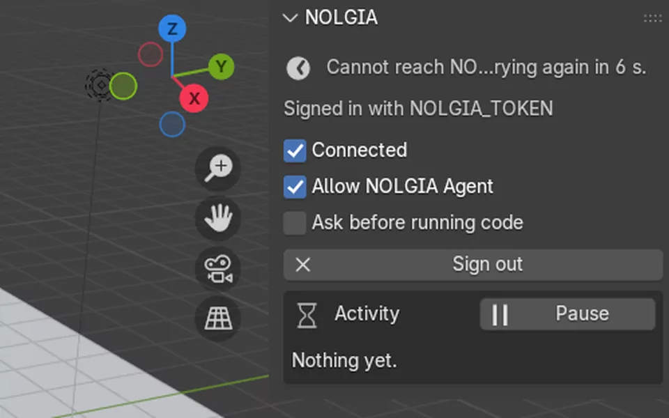 The NOLGIA tab while it cannot reach NOLGIA, saying it will try again.