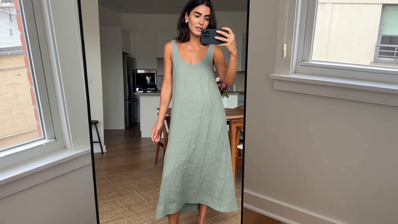 A creator films a UGC try on of a camel blazer at a mirror