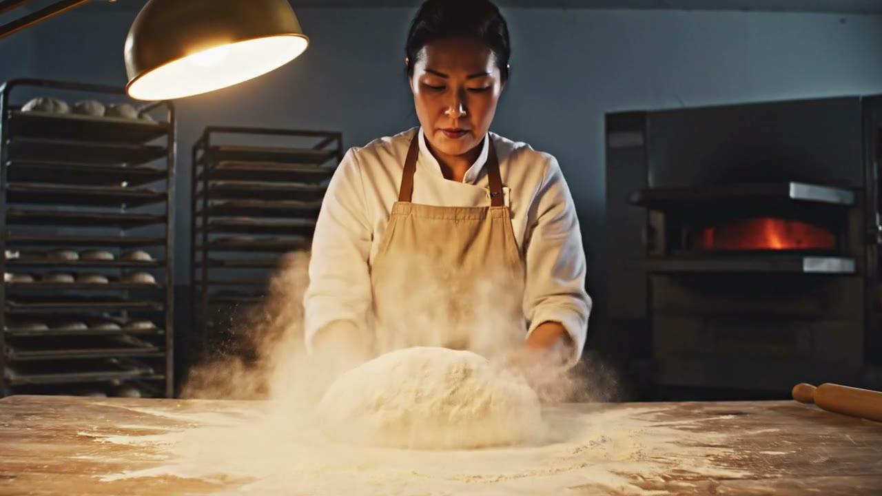 Example made with Veo 3.1 Fast: A baker turns a mound of dough on a floured bench in a dim bakery before dawn and mutters, "Almost ready." Oven hum and the soft slap of dough…