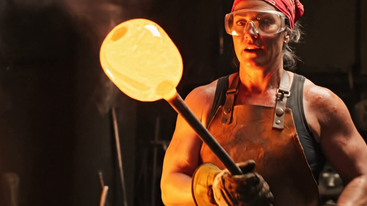 Example made with Veo 3.1: A glassblower draws a glowing amber gather from the furnace, turns it once and says quietly, "There. That is the shape it wanted." Furnace roar and…
