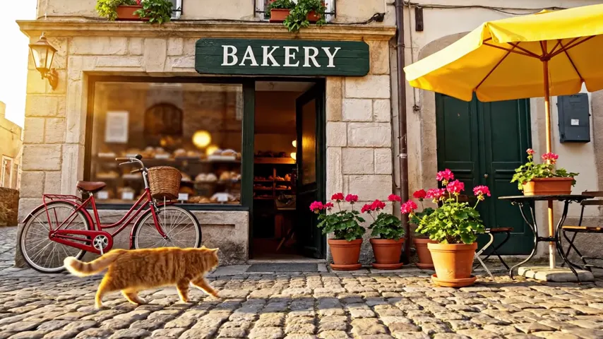 A bakery storefront on a cobbled street with a green BAKERY sign, a red bicycle and a ginger cat, the camera pushing in