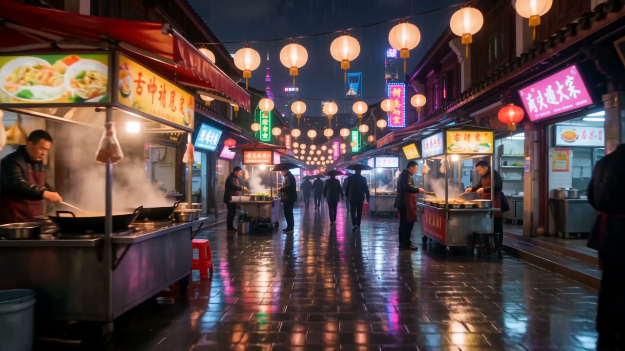 Example made with Wan 3.0: One unbroken long take: the camera drifts slowly down a rain-soaked night market alley, past steaming noodle stalls and strings of glowing paper…