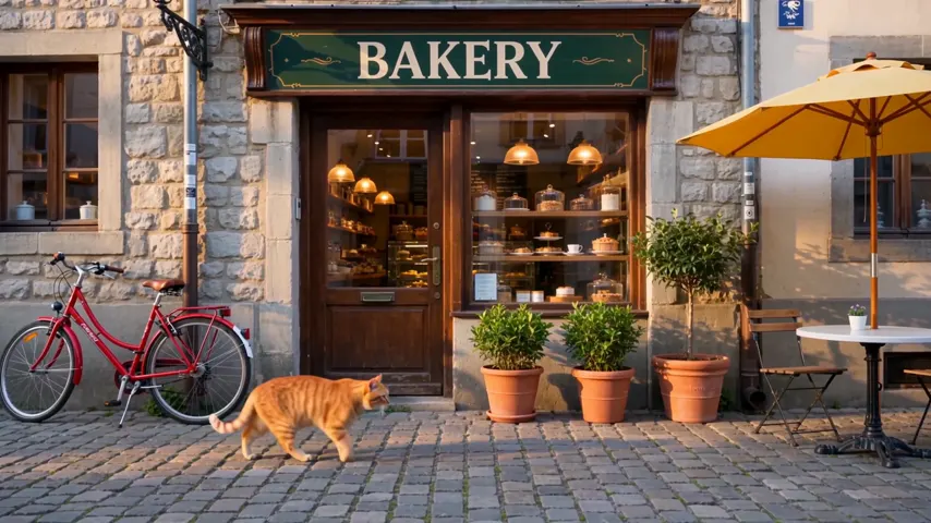 A bakery storefront on a cobblestone street with a green BAKERY sign, a red bicycle, three potted plants, a yellow umbrella and a ginger cat walking past, rendered by Wan 3.0, run 1.