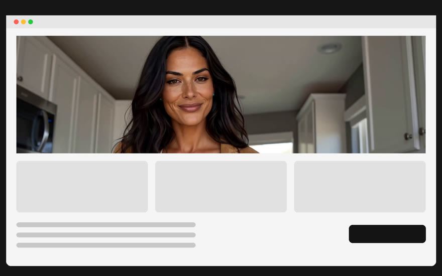 A browser frame around a landing page built from the brand host assets: her hero shot above three content cards.